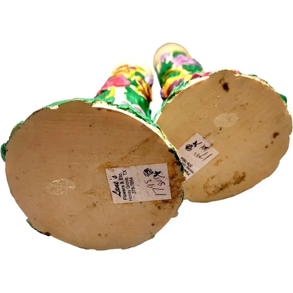 Vintage Floral Hand Painted Candle Holders 3D Resin & Brass Colorful 7" Flowers - Picture 6 of 10